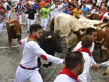 Los toros de la ganadería de Jandilla, de Mérida (Badajoz) enfilan el ultimo tramo del encierro Los toros de la ganadería de Jandilla, de Mérida (Badajoz) enfilan el ultimo tramo del encierro
