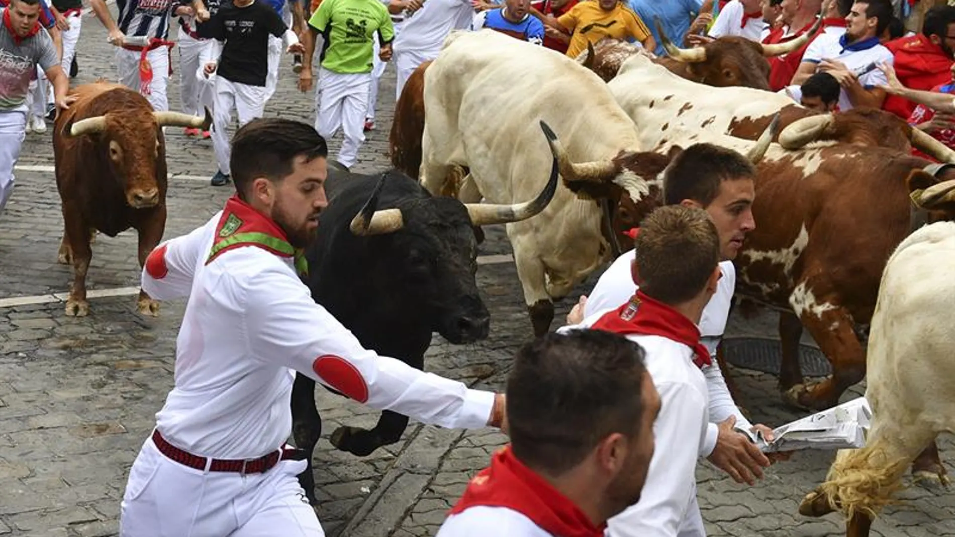  Los toros de la ganadería de Jandilla, de Mérida (Badajoz) enfilan el ultimo tramo del encierro 