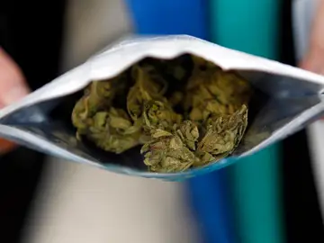 Imagen de archivo de una bolsita de cinco gramos de cannabis Imagen de archivo de una bolsita de cinco gramos de cannabis