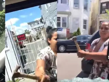 Golpea el coche de su marido con un martillo Golpea el coche de su marido con un martillo