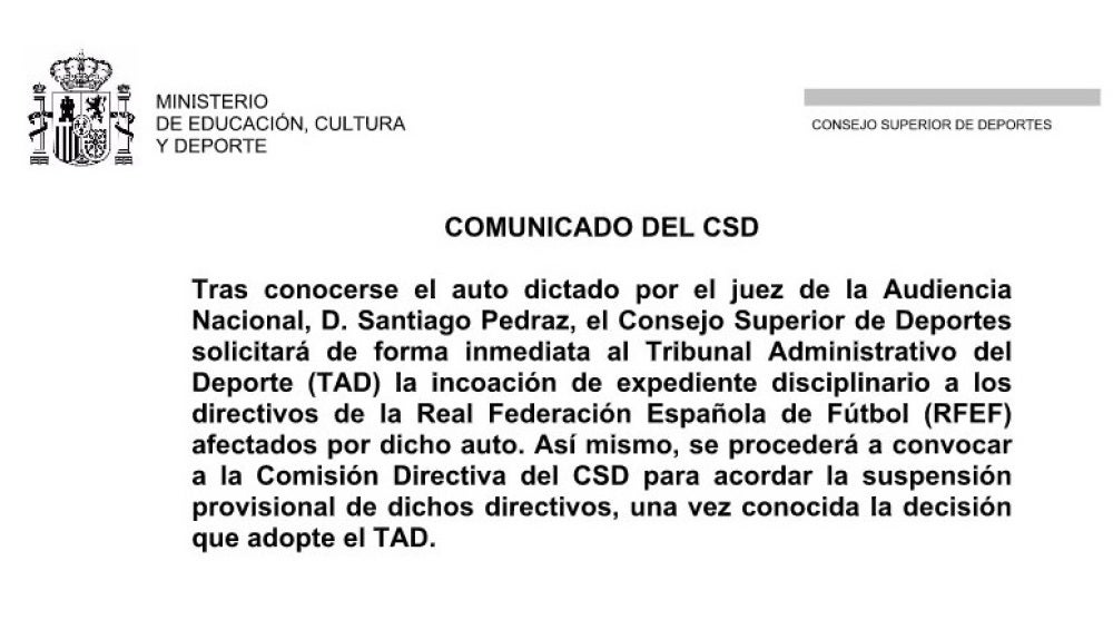 Comunicado del CSD sobre Villar