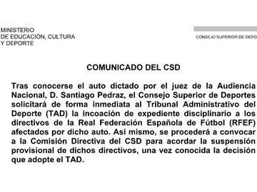Comunicado del CSD sobre Villar Comunicado del CSD sobre Villar