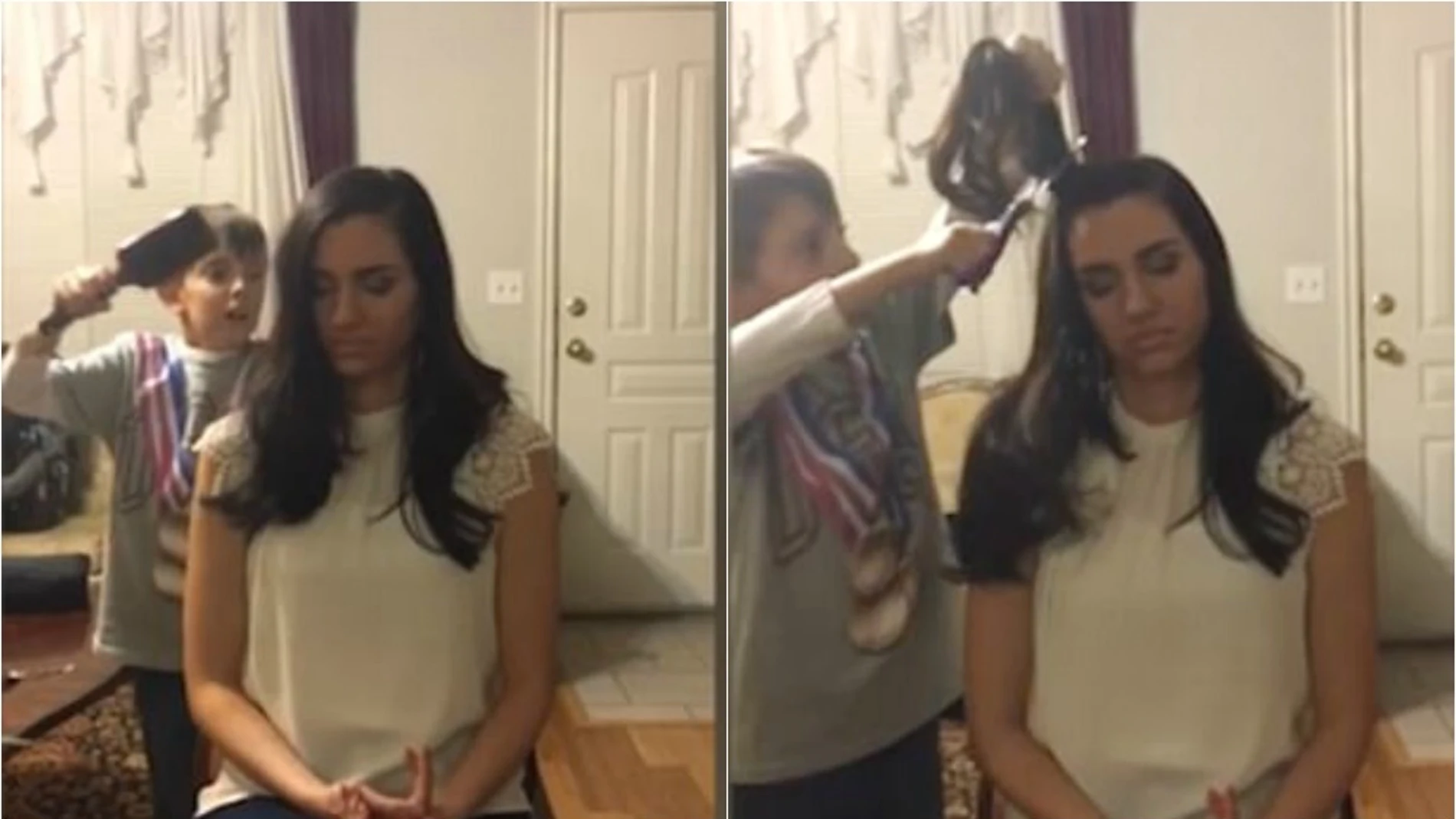 Capturas del vídeo en el que un niño le corta un mechón de pelo a su madre