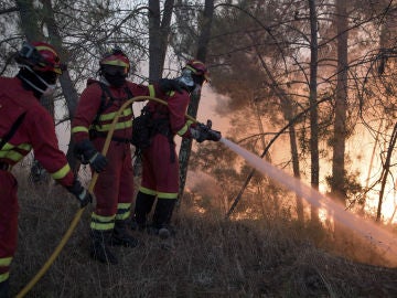 Bomberos españoles de la Unidad Militar de Emergencia combaten el incendio declarado en Vila de Rei, Portugal