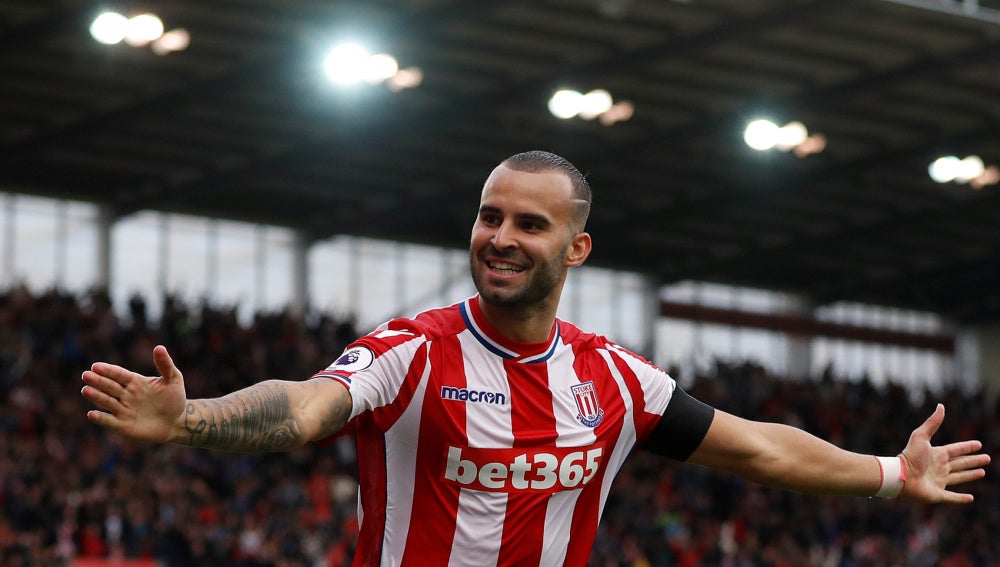 Jesé Rodríguez celebra su primer gol con el Stoke City