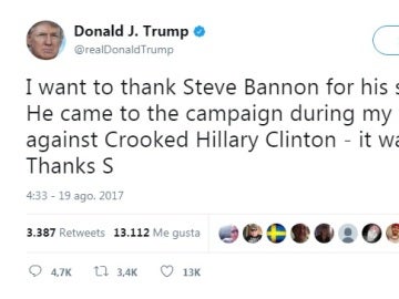 Tuit de Trump en el que agradece a Bannon y descalifica a Hillary Clinton