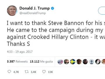 Tuit de Trump en el que agradece a Bannon y descalifica a Hillary Clinton Tuit de Trump en el que agradece a Bannon y descalifica a Hillary Clinton