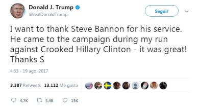 Donald Trump agradece el servicio prestado a su ya exasesor Steve Bannon y arremete contra Hillary Clinton