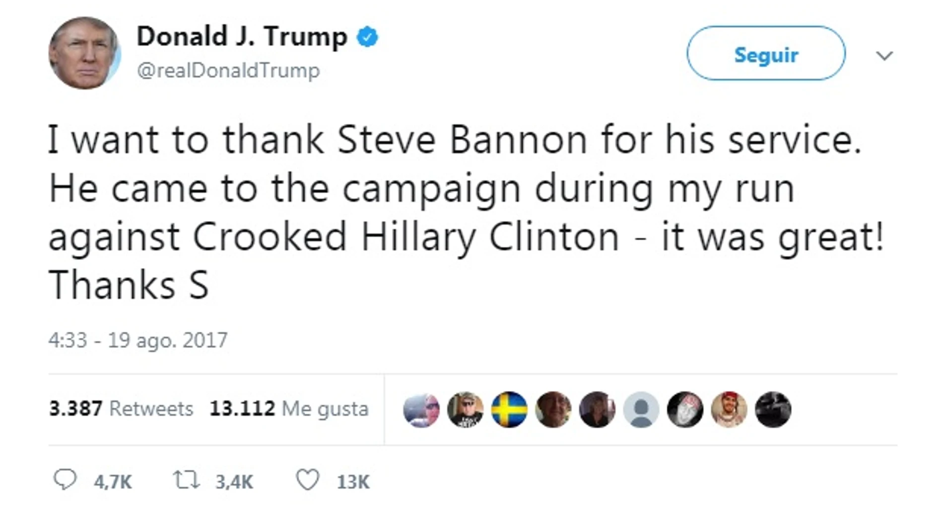 Tuit de Trump en el que agradece a Bannon y descalifica a Hillary Clinton Tuit de Trump en el que agradece a Bannon y descalifica a Hillary Clinton