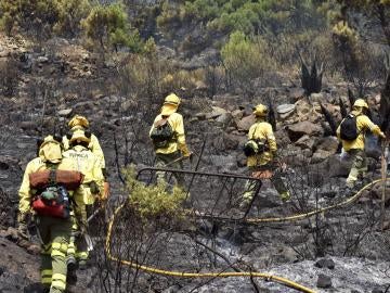 Bomberos sofocando un incendio forestal en Marbella, Málaga