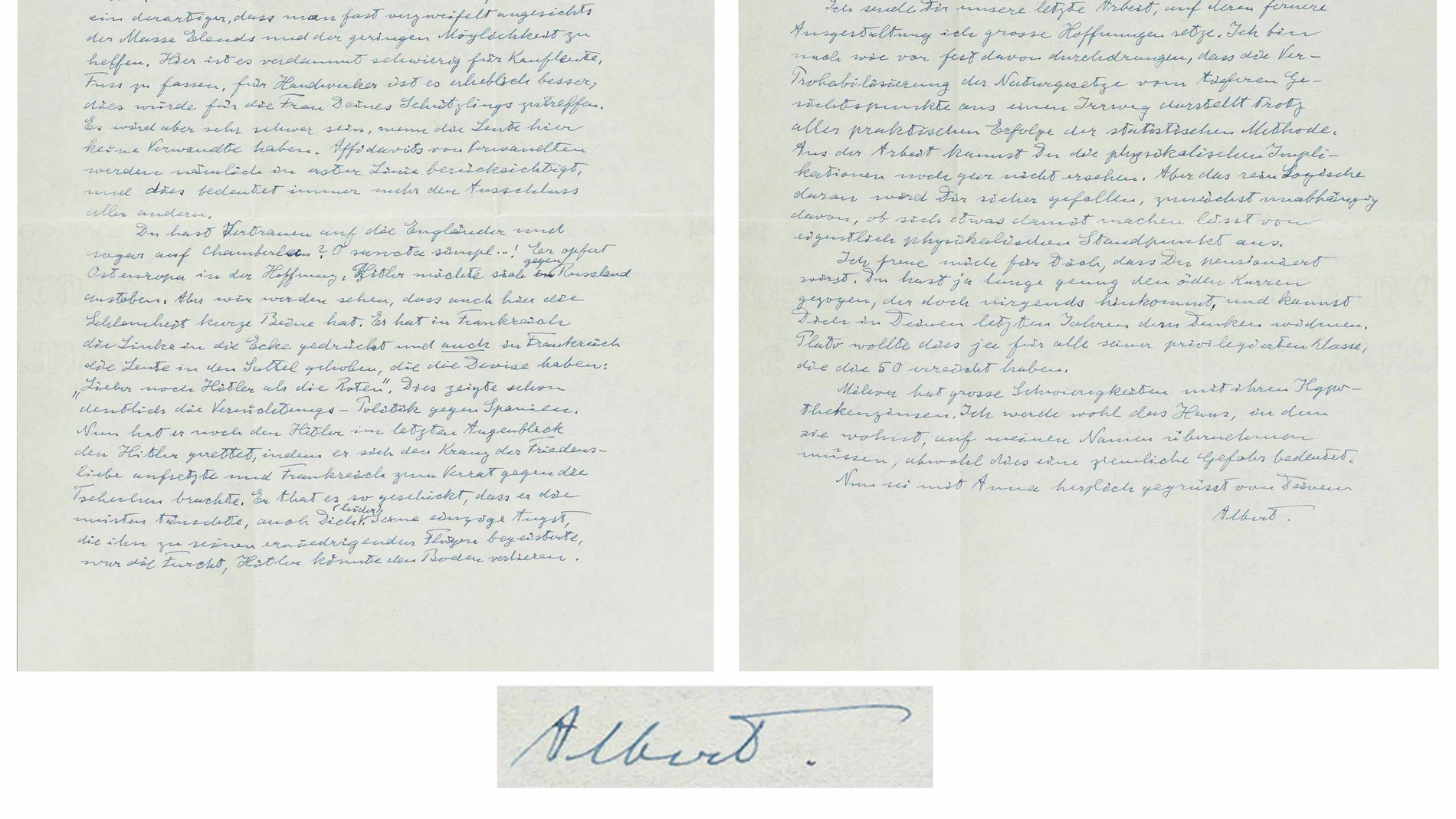 Carta de 1938 dirigida a su amigo Michele Besso en la que carga contra el primer ministro inglés, Neville Chamberlain, por firmar los acuerdos de Múnich Carta de 1938 dirigida a su amigo Michele Besso en la que carga contra el primer ministro inglés, Neville Chamberlain, por firmar los acuerdos de Múnich