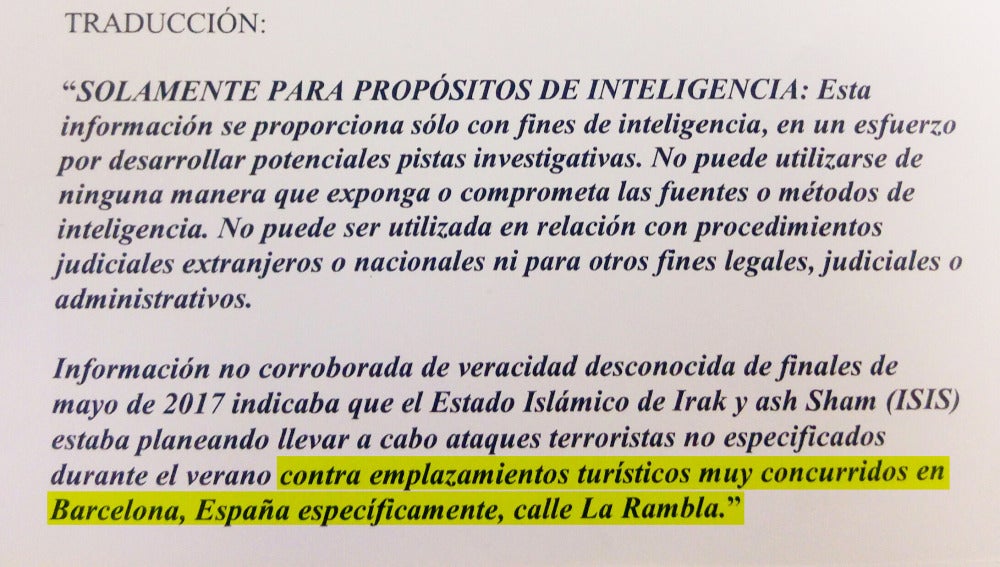 Texto enviado por la CIA a los Mossos d'Esquadra