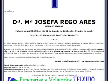 Esquela de Josefa Rego Esquela de Josefa Rego