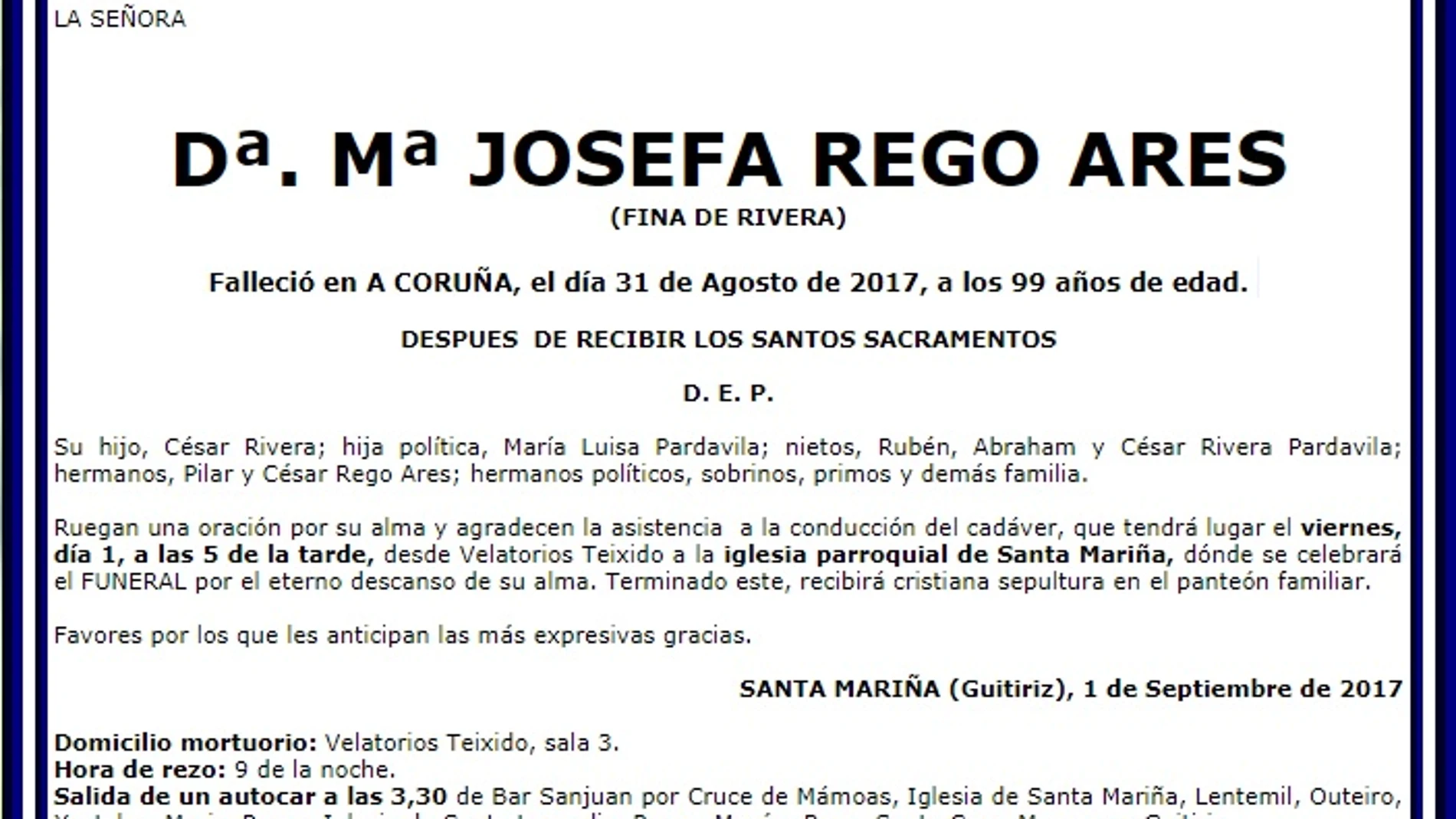 Esquela de Josefa Rego Esquela de Josefa Rego