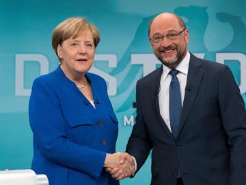 Merkel y Schulz, antes de empezar el debate