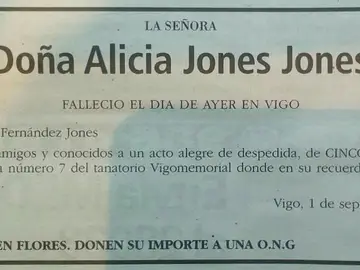 Esquela en la que se pide despedir a una vecina de Vigo con vino y tortilla Esquela en la que se pide despedir a una vecina de Vigo con vino y tortilla
