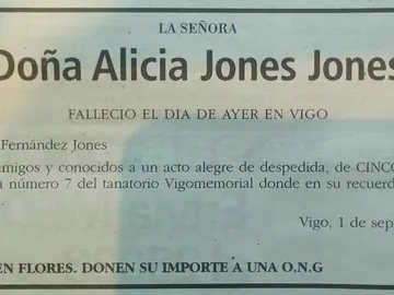 Esquela en la que se pide despedir a una vecina de Vigo con vino y tortilla Esquela en la que se pide despedir a una vecina de Vigo con vino y tortilla