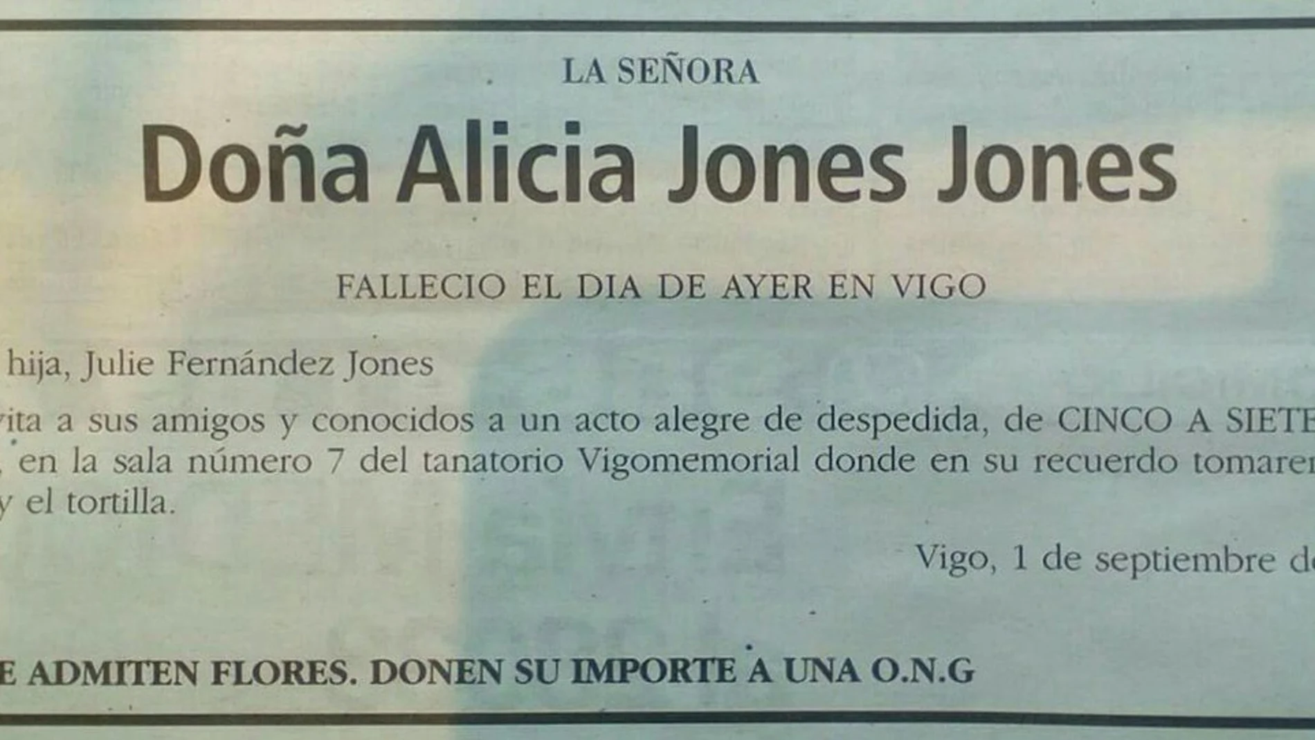 Esquela en la que se pide despedir a una vecina de Vigo con vino y tortilla Esquela en la que se pide despedir a una vecina de Vigo con vino y tortilla