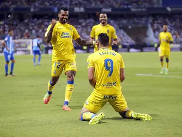 Los jugadores de Las Palmas celebran un gol ante el Málaga Los jugadores de Las Palmas celebran un gol ante el Málaga