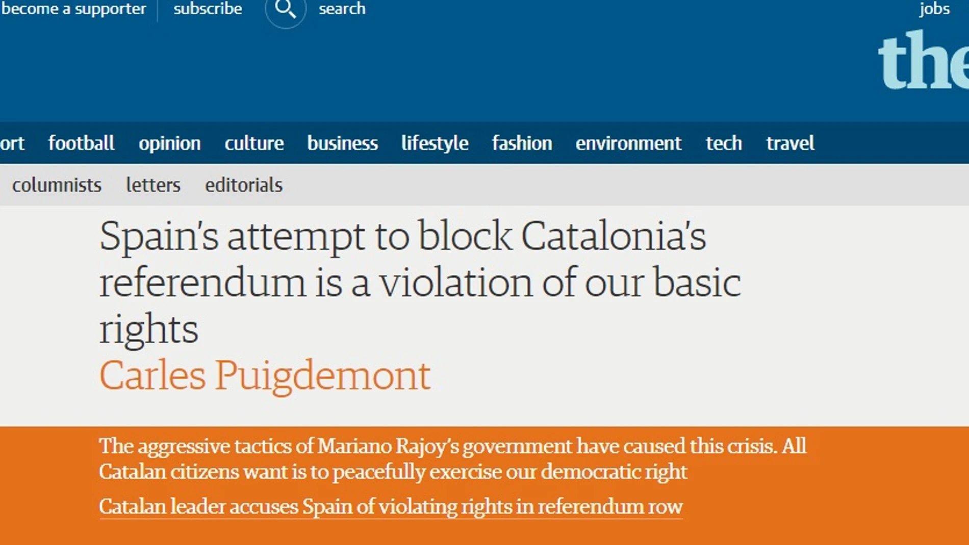 Artículo de Puigdemont en 'The Guardian' Artículo de Puigdemont en 'The Guardian'