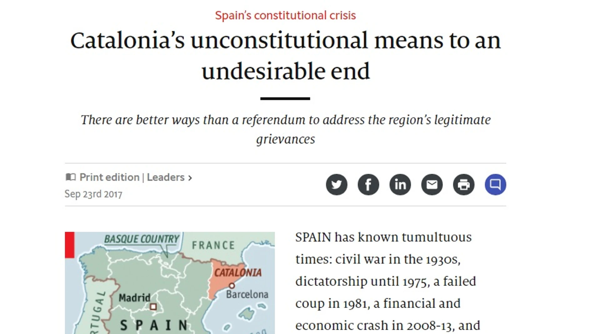 Editorial de 'The Economist' sobre la situación en Cataluña Editorial de 'The Economist' sobre la situación en Cataluña