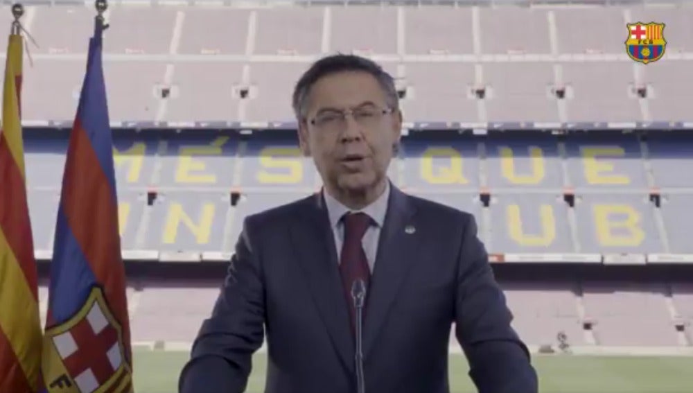 Josep María Bartomeu, durante el mensaje institucional