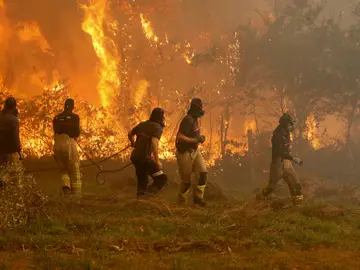 Operarios de los servicios de extinción de incendios trabaja en la zona de Zamanes, Vigo Operarios de los servicios de extinción de incendios trabaja en la zona de Zamanes, Vigo