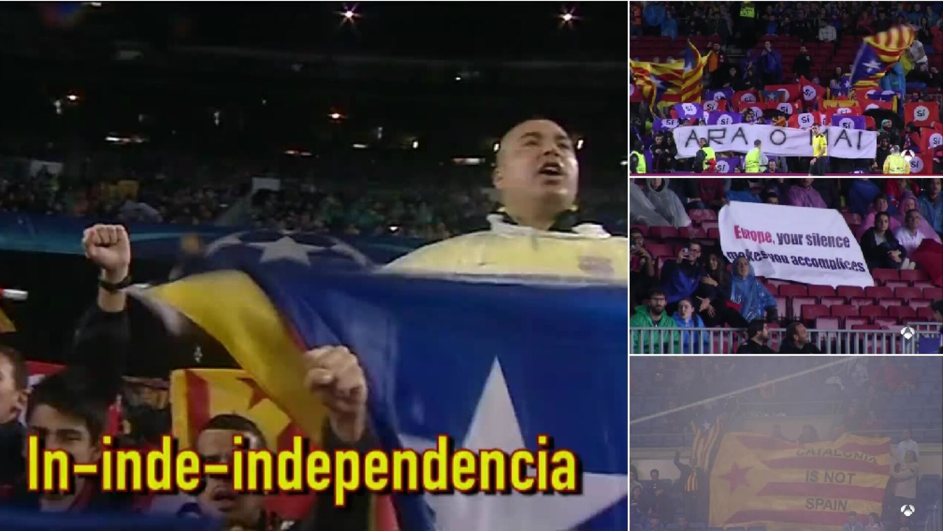 Pancartas a favor de la independencia en Catalu&ntilde;a en el Camp Nou