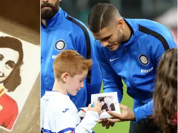 Pegatina de Ana Frank con la camiseta de la Roma (izq) y Mauro Icardi, del Inter, con el 'Diario de Ana Frank' (der) Pegatina de Ana Frank con la camiseta de la Roma (izq) y Mauro Icardi, del Inter, con el 'Diario de Ana Frank' (der)