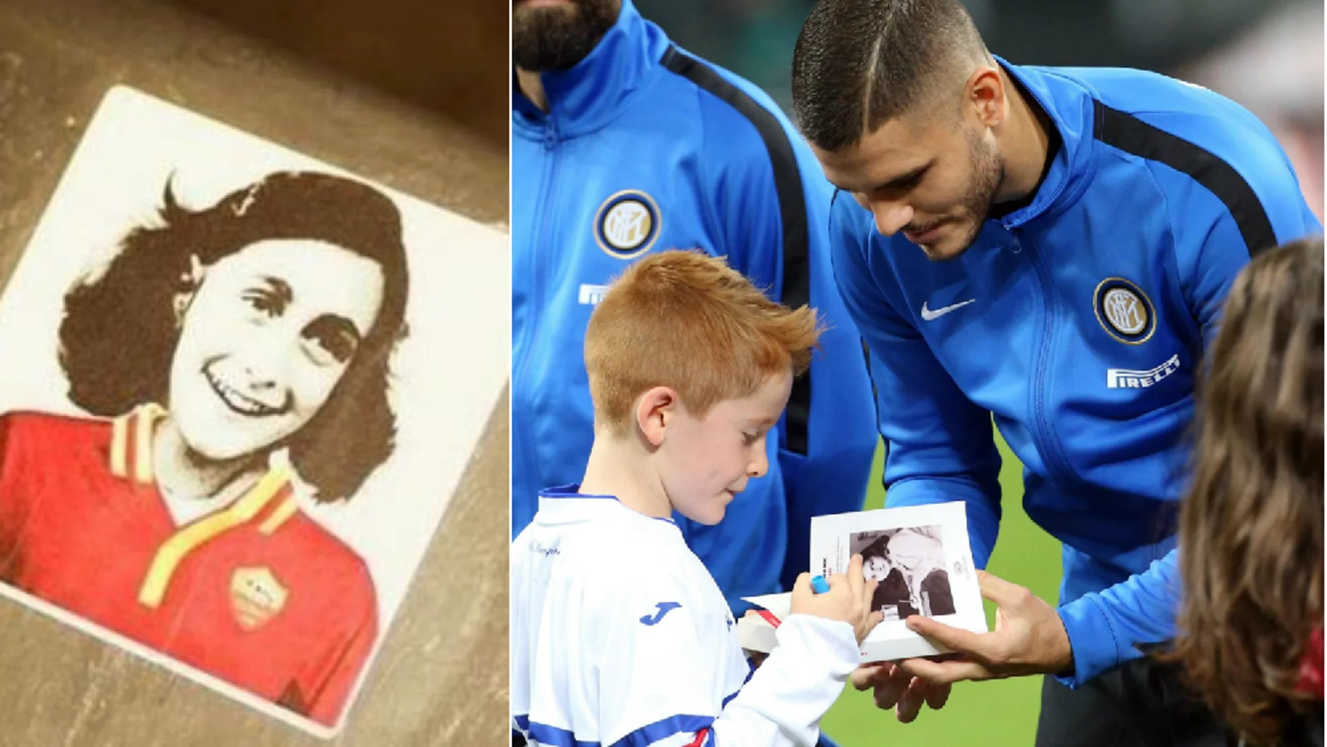 Pegatina de Ana Frank con la camiseta de la Roma (izq) y Mauro Icardi, del Inter, con el 'Diario de Ana Frank' (der) Pegatina de Ana Frank con la camiseta de la Roma (izq) y Mauro Icardi, del Inter, con el 'Diario de Ana Frank' (der)