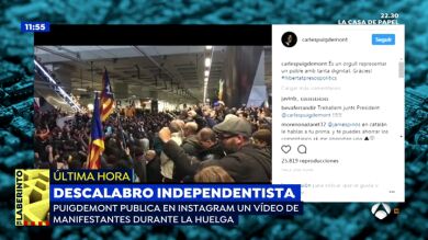 Puigdemont publica en Instagram un vídeo de manifestantes durante la huelga elogiando su comportamiento