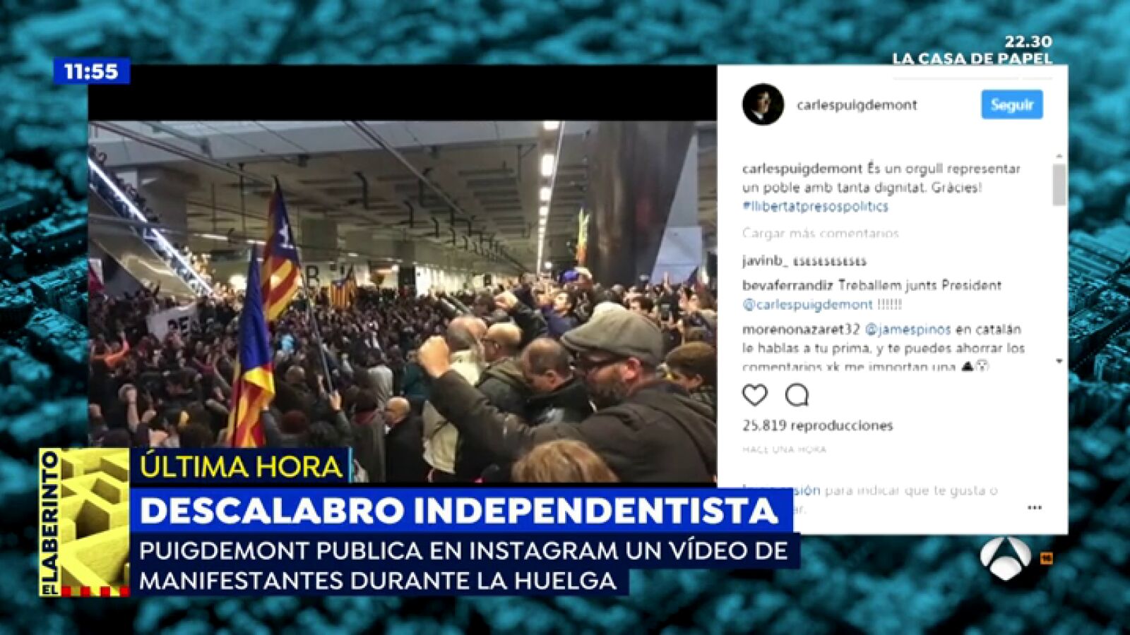 Puigdemont publica en Instagram un vídeo de manifestantes durante la huelga elogiando su comportamiento