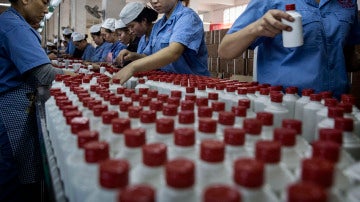 Trabajadores chinos organizando botellas de baijiu