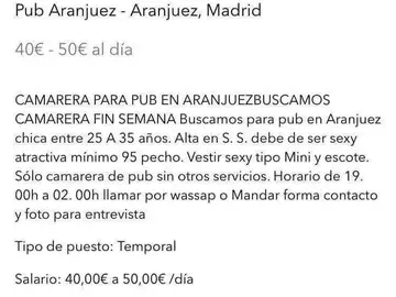 Anuncio que busca "camarera sexy y mínimo talla 95 de pecho" para un pub Anuncio que busca "camarera sexy y mínimo talla 95 de pecho" para un pub