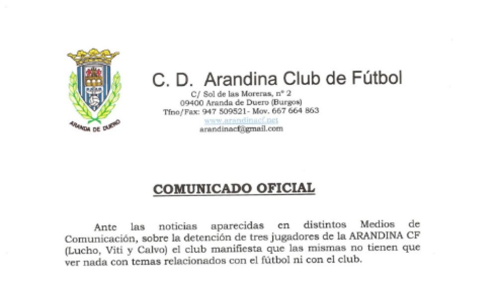 El comunicado del Arandina sobre las detenciones de sus jugadores