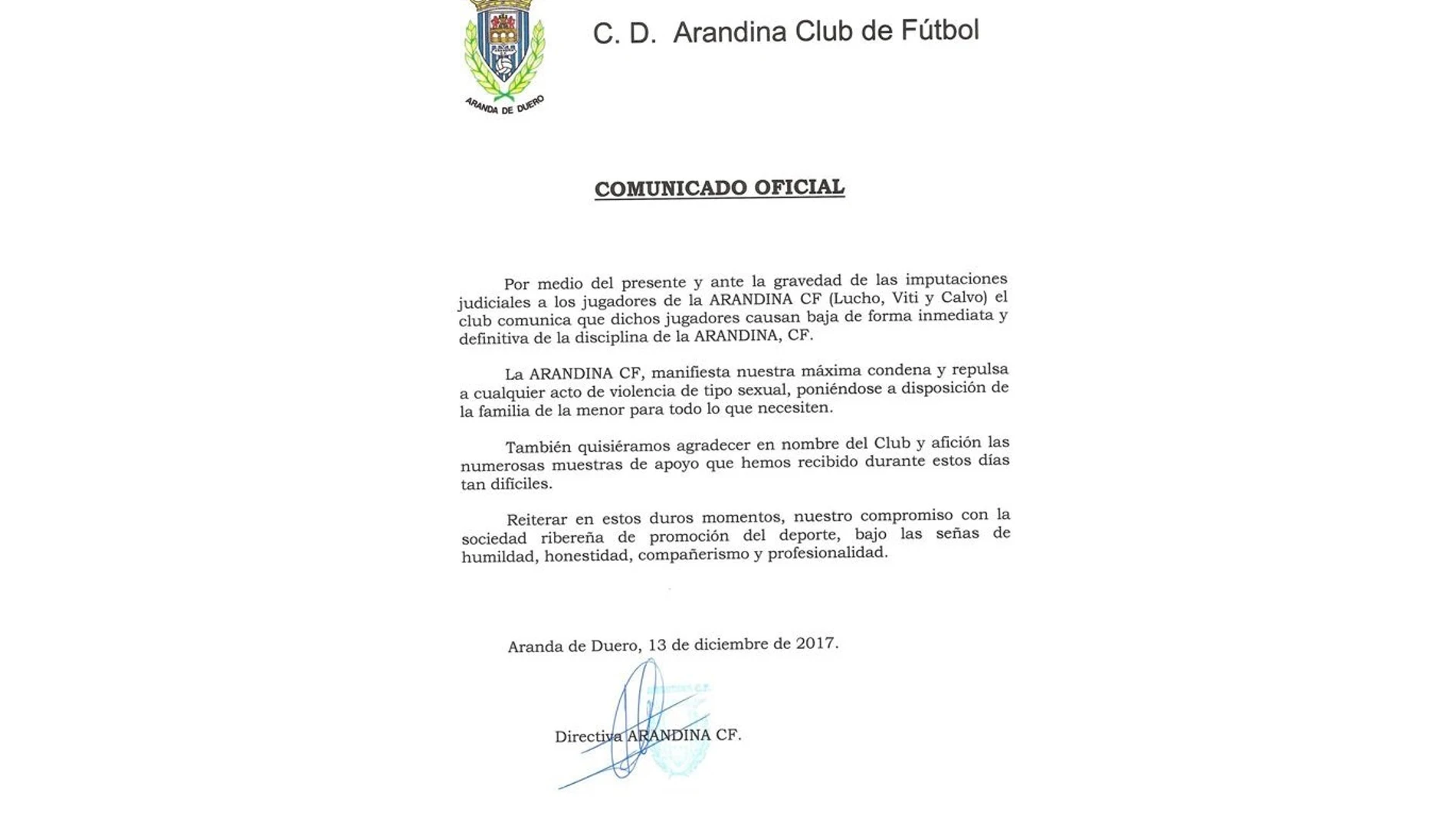 Comunicado de la Arandina Comunicado de la Arandina