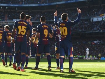 Leo Messi celebra su gol en el Santiago Bernabéu