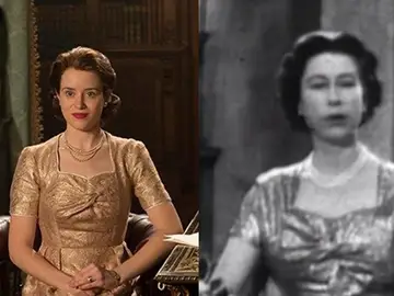Claire Foy en 'The Crown' y la reina Isabel II durante el primer discurso televisado de Navidad Claire Foy en 'The Crown' y la reina Isabel II durante el primer discurso televisado de Navidad