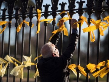 Un hombre coloca lazos amarillos en la verja del Pac de la Ciutadella (Archivo)