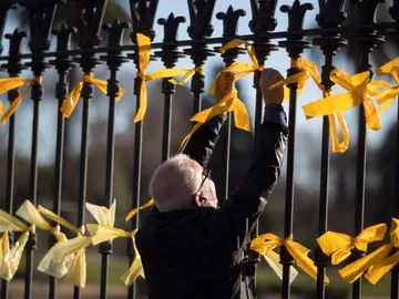 Un hombre coloca lazos amarillos en la verja del Pac de la Ciutadella (Archivo) Un hombre coloca lazos amarillos en la verja del Pac de la Ciutadella (Archivo)