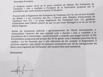 Carta de Carles Puigdemont a Roger Torrent solicitándole amparo