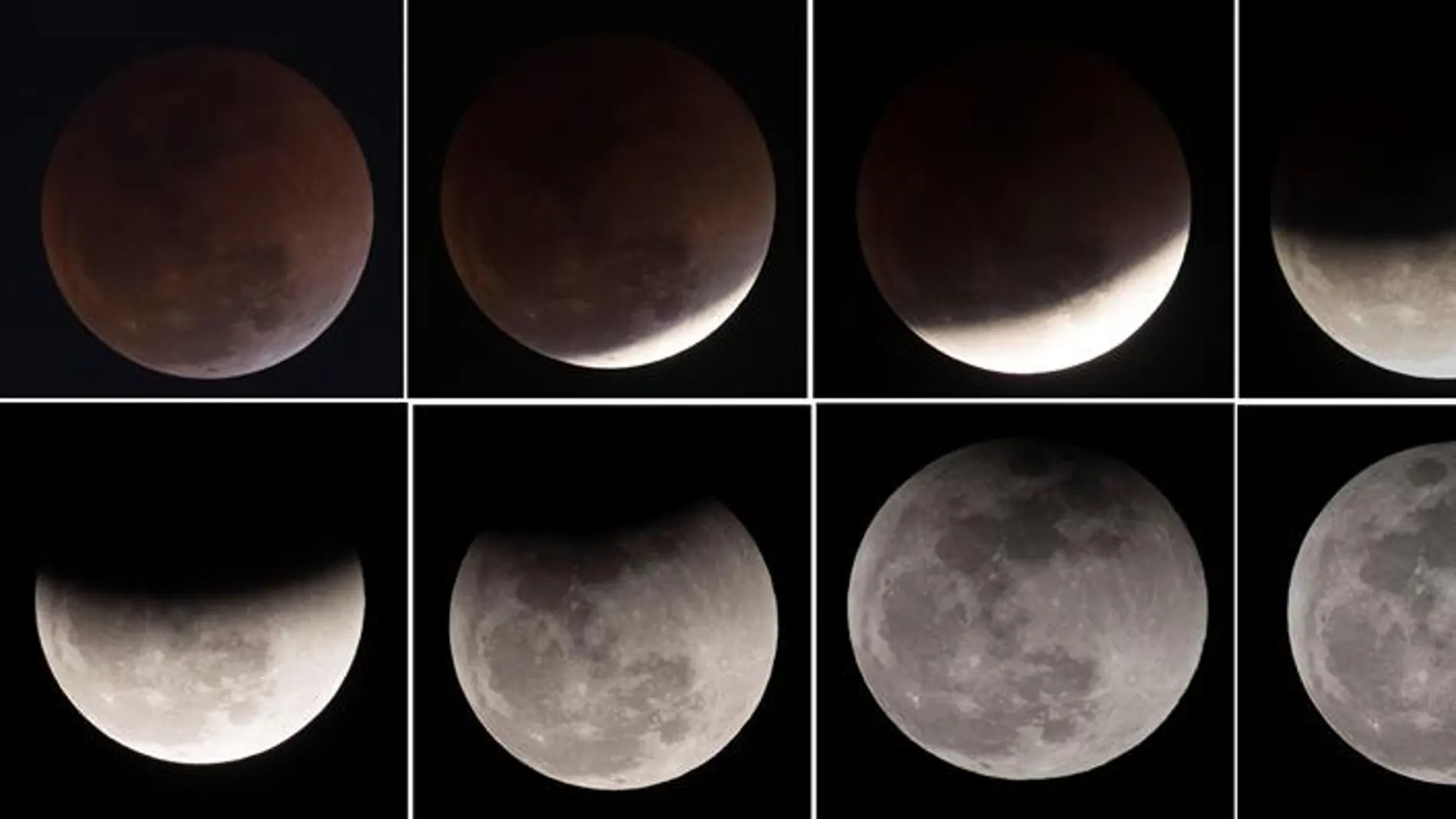 Distintas fases lunares durante un eclipse lunar en el cielo de Katmandú (Nepal) Distintas fases lunares durante un eclipse lunar en el cielo de Katmandú (Nepal)