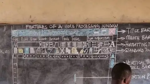 Un profesor de Ghana explica con dibujos en la pizarra cómo funciona Word Un profesor de Ghana explica con dibujos en la pizarra cómo funciona Word