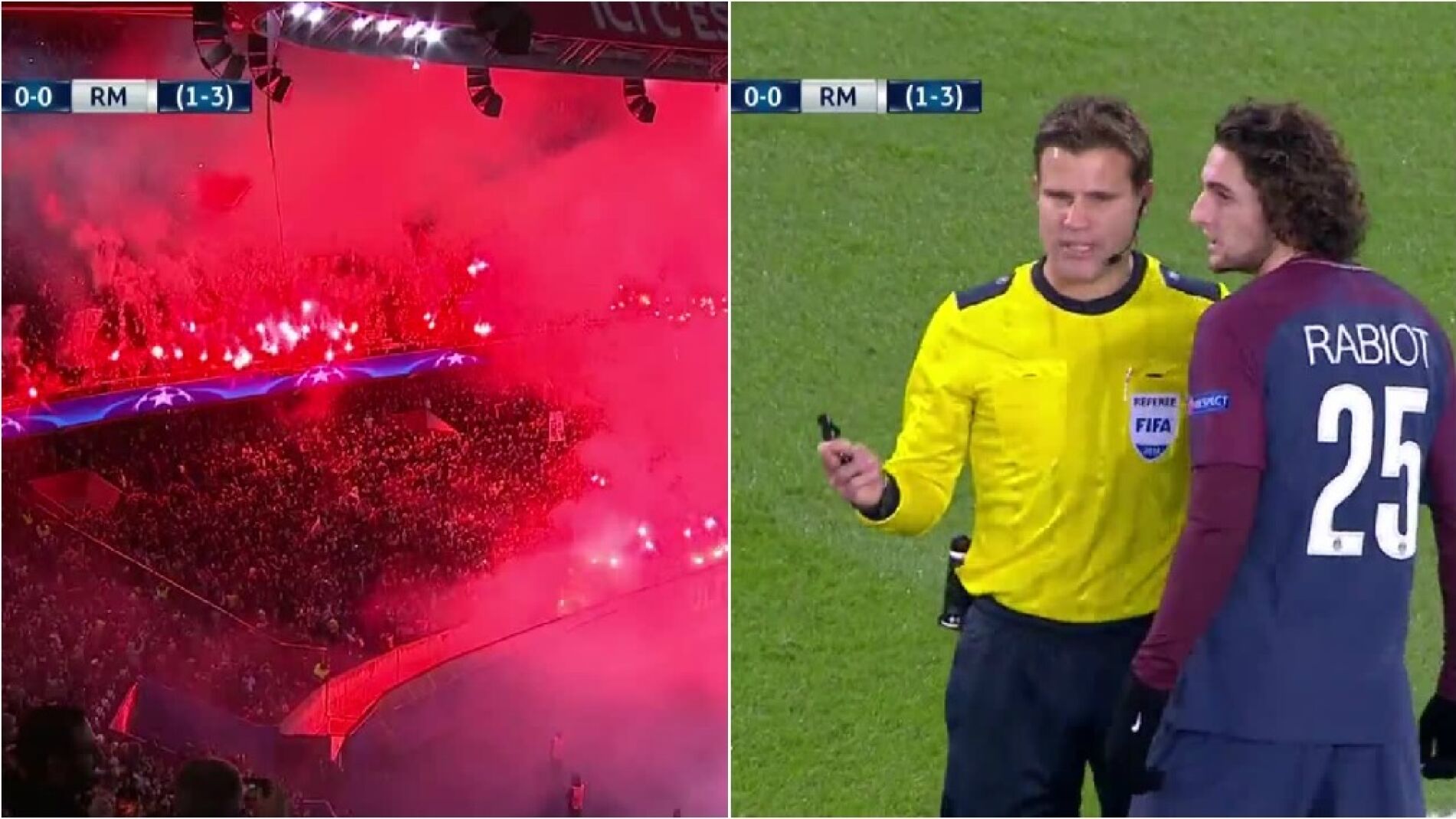 Felix Brych habla con Rabiot tras el encendido de varias bengalas en un fondo del Parque de los Pr&iacute;ncipes