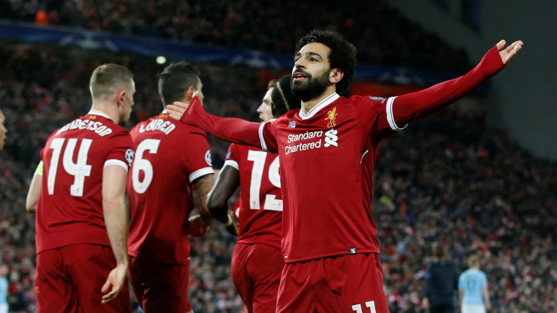 Salah celebra un gol con el Liverpool