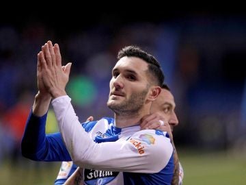 Lucas Pérez celebra su gol contra el Málaga