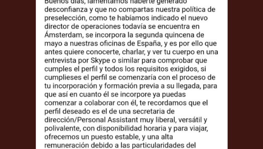 Imagen del mail de la vergonzosa oferta de trabajo