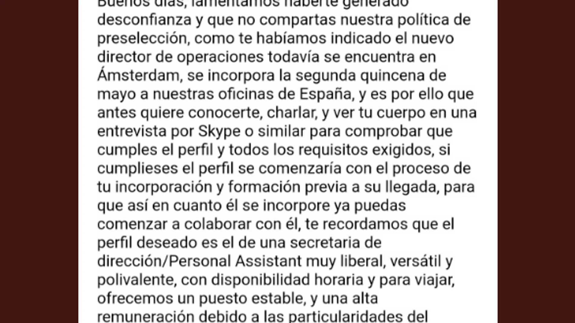 Imagen del mail de la vergonzosa oferta de trabajo Imagen del mail de la vergonzosa oferta de trabajo