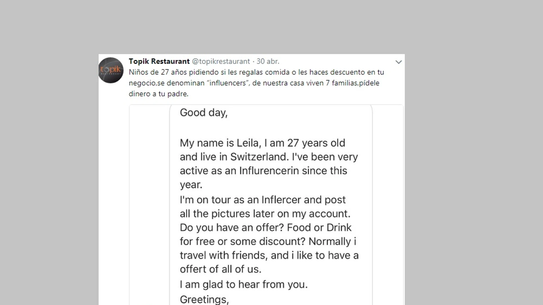 La respuesta de un restaurante a una 'influencer' La respuesta de un restaurante a una 'influencer'