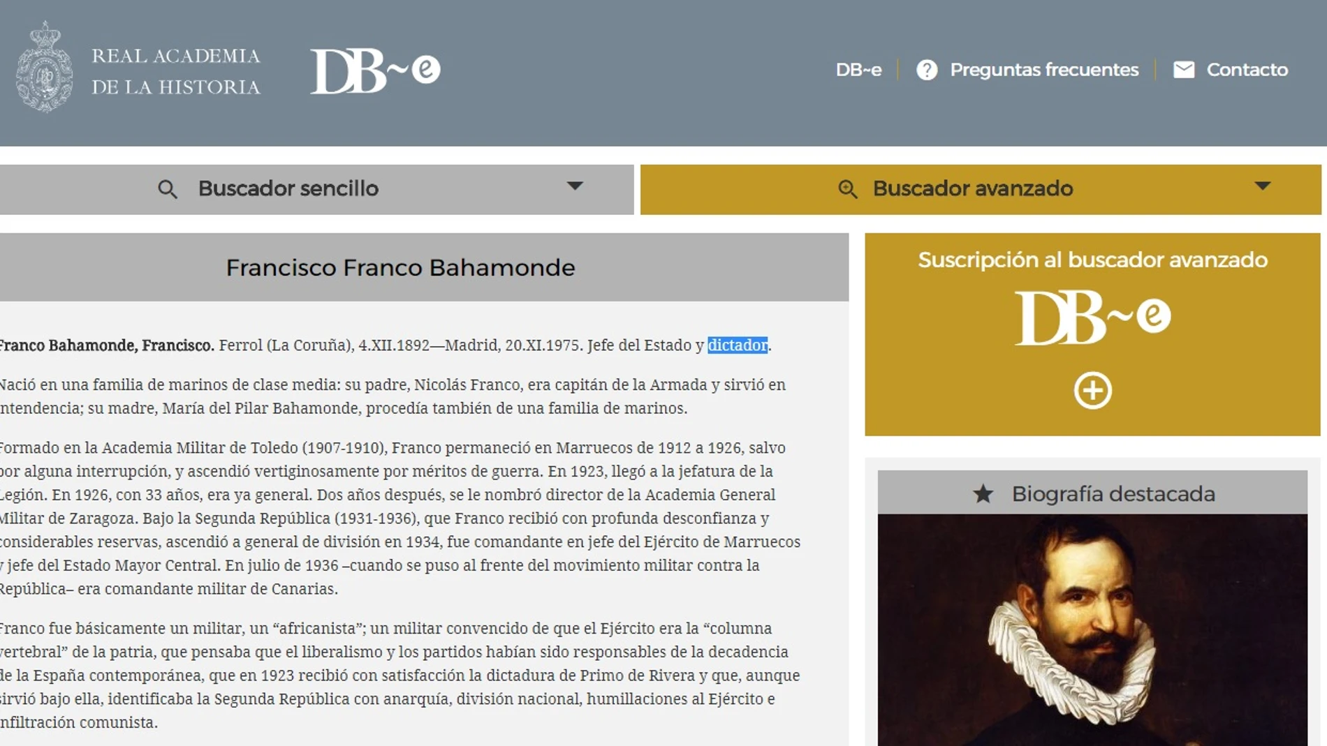 Entrada de Franco en el Diccionario Biográfico Entrada de Franco en el Diccionario Biográfico